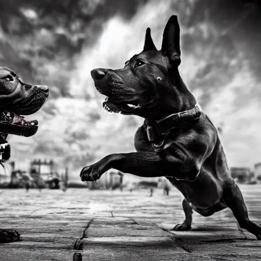 Image similar to vicious dogs fighting, black and white, highly detailed, communist, space, futuristic, hyper real