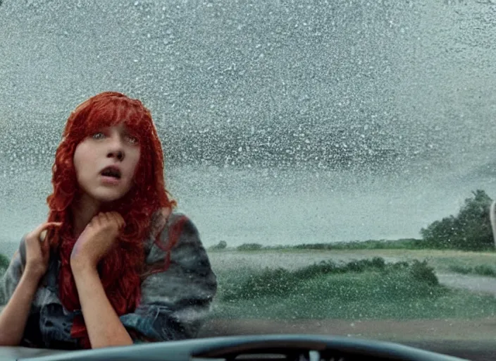 Image similar to A very high resolution image from a new movie, landscape from a car window , teen red hair woman, raining, hot, directed by wes anderson