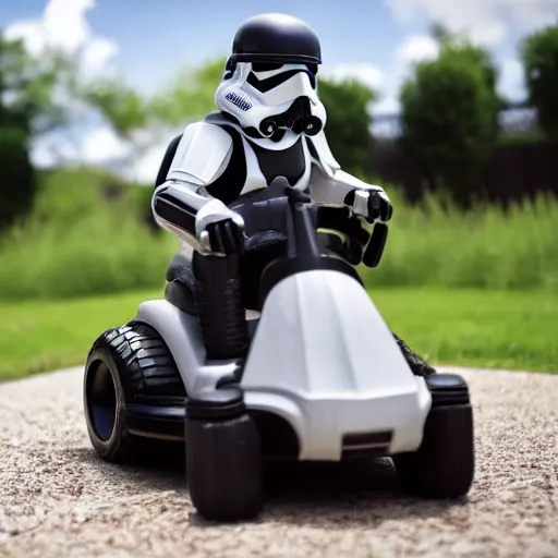 Image similar to An Imperial Stormtrooper riding a lawnmower in an alien spaceship, 4K HD