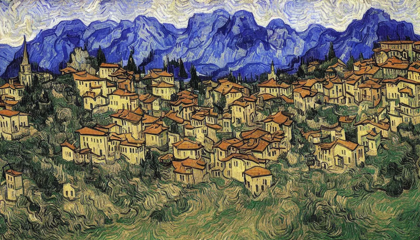 Prompt: an italian town in the dolomites mountains, by vincent van gogh