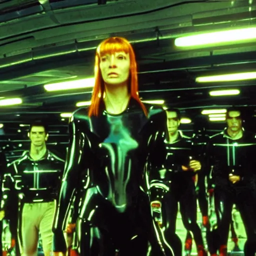 Image similar to The matrix, LeeLoo, Starship Troopers, Sprinters in a race, The Olympics footage with crowd cheering, intense moment, cinematic stillframe, shot by Roger Deakins, The fifth element, vintage robotics, formula 1, starring Geena Davis, clean lighting