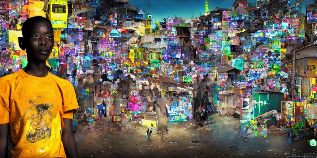 Image similar to robot of Ajegunle slums of Lagos inside African Jesus Christ about beauty surrounding a large UFO with neon ray of light, magazine collage,