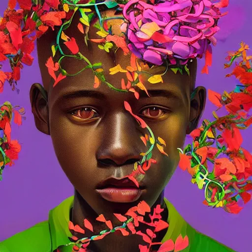 Image similar to colourful vfx art - portrait of nigerian boy wrapped in flowers & vines, art by hsiao - ron cheng & james jean, volumetric light, colourful, sharp, detailed, digital painting, illustration, illustration, highly detailed, intricate detail, unreal engine, octae render, pinterest, behance, art station,