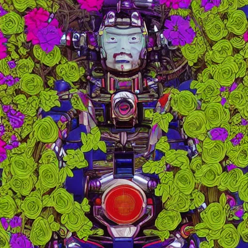 Image similar to colourful vfx art - portrait of army mecha robot wrapped in flowers & vines, art by utagawa kunisada & james jean, volumetric light, ray tracing, sharp, detailed, digital painting, illustration, highly detailed, intricate detail, unreal engine, octane render, global light, pinterest, behance, art station,