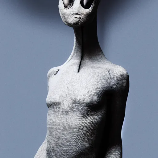 Image similar to realistic photo, alien top model wearing futuristic high fashion clothes, rick owens, demobaza, in a blend grey background