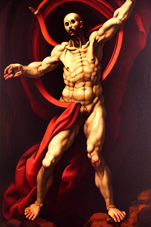 Image similar to portrait of diablo stepping forth from a demonic portal, oil painting, high detail, dark lighting, atmospheric, extremely detailed, intricate, da vinci, michelangelo, caravaggio, hans holbein, raphael, donatello, 8 k