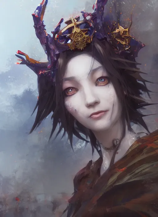 Image similar to matte painting, by yoshitaka amano, by ruan jia, by conrad roset, by good smile company, detailed anime 3d render of a female jester goddess, portrait, cgsociety, artstation, quirky modular costume and grand headpiece in the style of fischer price, surreal mystical atmosphere