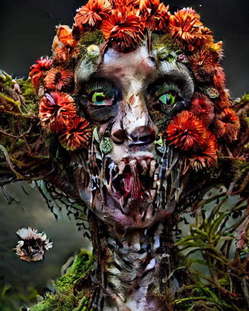 Image similar to a disturbing horror photograph of a fantasy creature made out of nature and flowers and fungus, intricate, hyperrealism, sharp focus, cinematography, highly detailed, octane render, digital horror cgi 4 k, matte, photograph by professional photographer