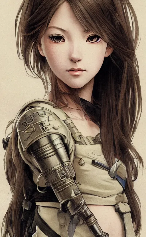 Prompt: character design of infantry girl, anime style, symmetrical facial features long hair, hair down, konpeki no kantai, hyper realistic, pale skin, rule of thirds, extreme detail, 4 k, detailed drawing, trending artstation, realistic lighting, by alphonse mucha, greg rutkowski, sharp focus, backlit, combat vest