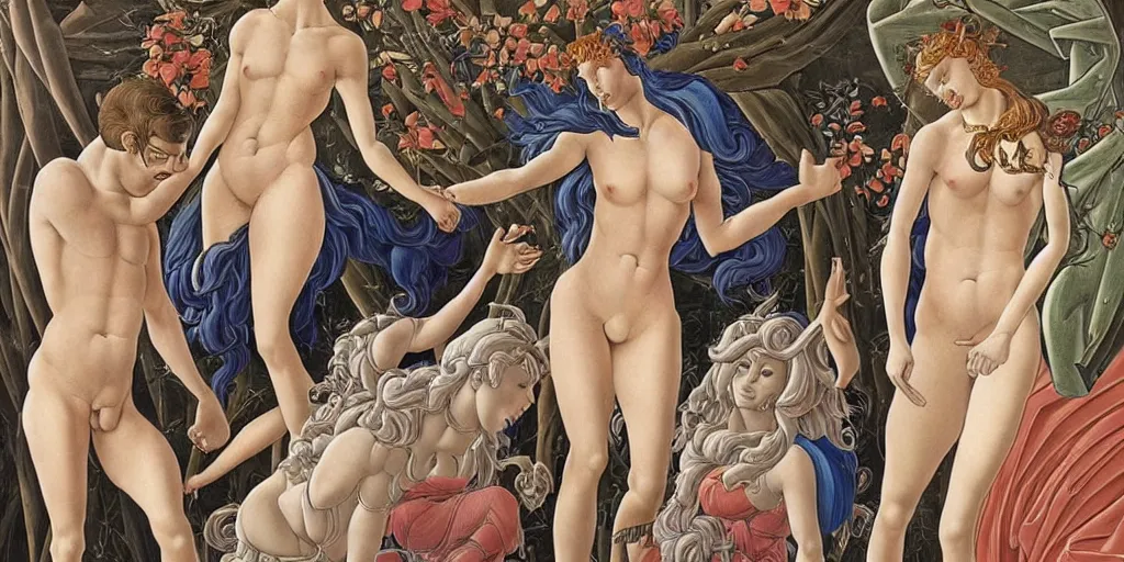 Image similar to the 12 months of the year, represented by 12 figures, of different ages and genders, in a style blend of Botticelli and Æon Flux, stunningly detailed artwork