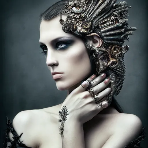 Image similar to a portrait of female model by stefan geselle and nekro borja, photorealistic, intricate details, hyper realistic, dark fantasy, ornate headpiece, dark beauty, photorealistic, canon r 3, photography, wide shot, glamour pose, surrealism