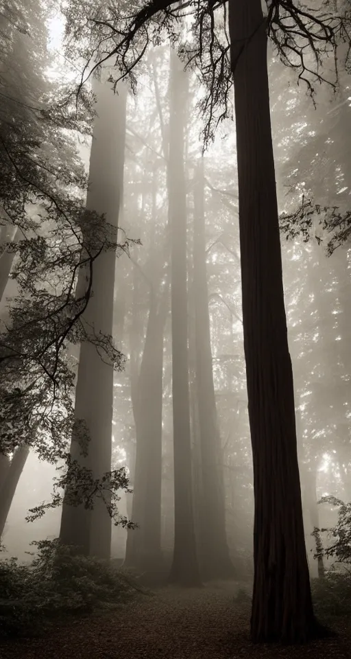 Prompt: a beautiful Manhattan brownstone in the middle of the redwood forest, foggy, magic hour, backlit, beams of light, godrays