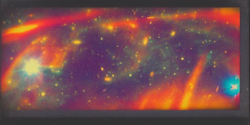 Prompt: polaroid photo of red rocket flying through space, multiple orange yellow purple galaxies visible, slight color bleed, lens flare