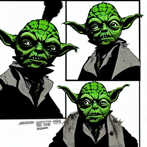 Prompt: zombie yoda, yoda as a zombie, laurie greasley, zombified, scary