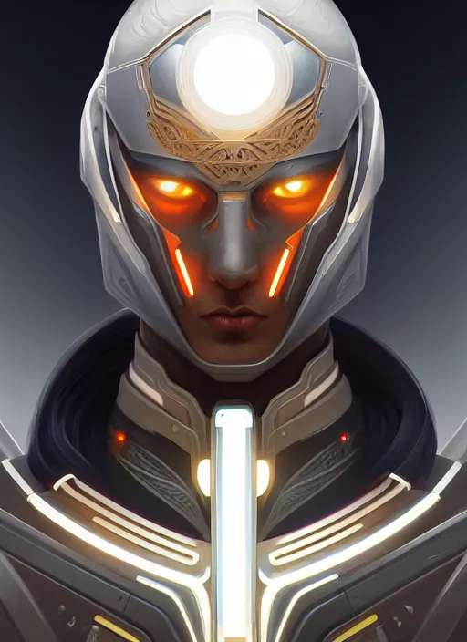 Image similar to symmetry!! portrait of futuristic samurai, sci - fi, tech wear, intricate, elegant, highly detailed, digital painting, artstation, cinematic lighting, concept art, smooth, sharp focus, illustration, art by artgerm and greg rutkowski and alphonse mucha, 8 k