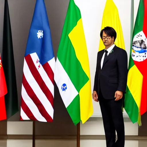 Prompt: president portrait of hideo kojima with lula at his side, president of brazil, with the brazillian flag behind, 4 k
