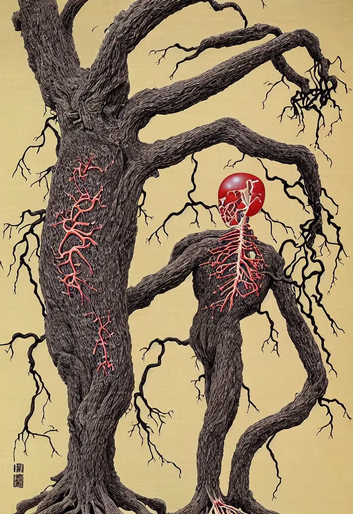 Prompt: prompt: anatomy dissection drawing veins and organs human shaped tree character drawn by Takato Yamamoto, bonsai anatomy atlas, veins and organs attached to tree roots, alchemical objects inspired by 1980's sci-ci, old experimentation cabinet, intricate oil painting detail, manga 1980