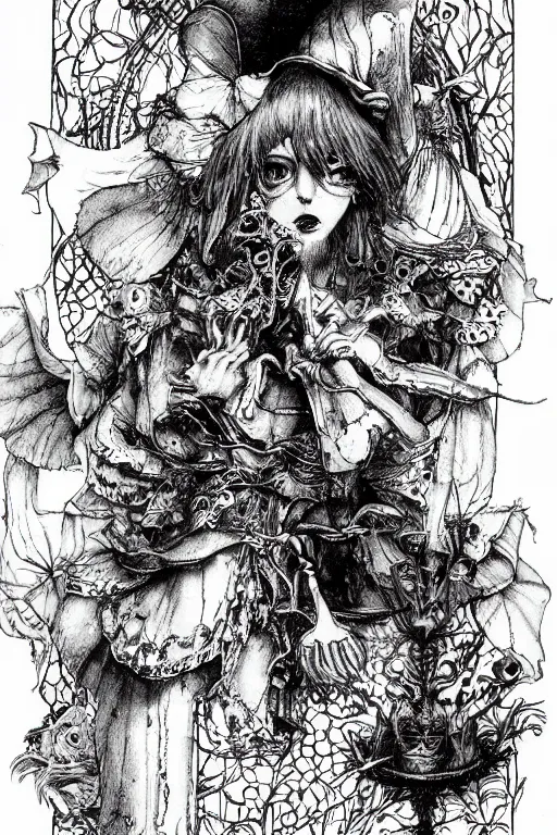 Image similar to Horror Alice in wonderland tarot card , pen and ink, intricate line drawings, by Yoshitaka Amano, Ruan Jia, Kentaro Miura, Artgerm, watercolor