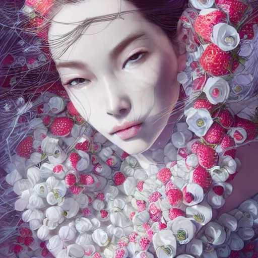 Image similar to the portrait of an absurdly beautiful, graceful, elegant, sophisticated, fashionable young gravure idol made of strawberries and white petals, an ultrafine hyperdetailed illustration by kim jung gi, irakli nadar, intricate linework, bright colors, octopath traveler, final fantasy, unreal engine 5 highly rendered, global illumination, radiant light, detailed and intricate environment