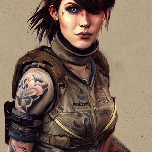 Image similar to tattooed dirty stoic butch heroic emotionless blonde woman computer engineer in tattered dirty flight suit, very short messy hair, highly detailed, digital painting, artstation, concept art, matte, sharp focus, illustration, art by artgerm