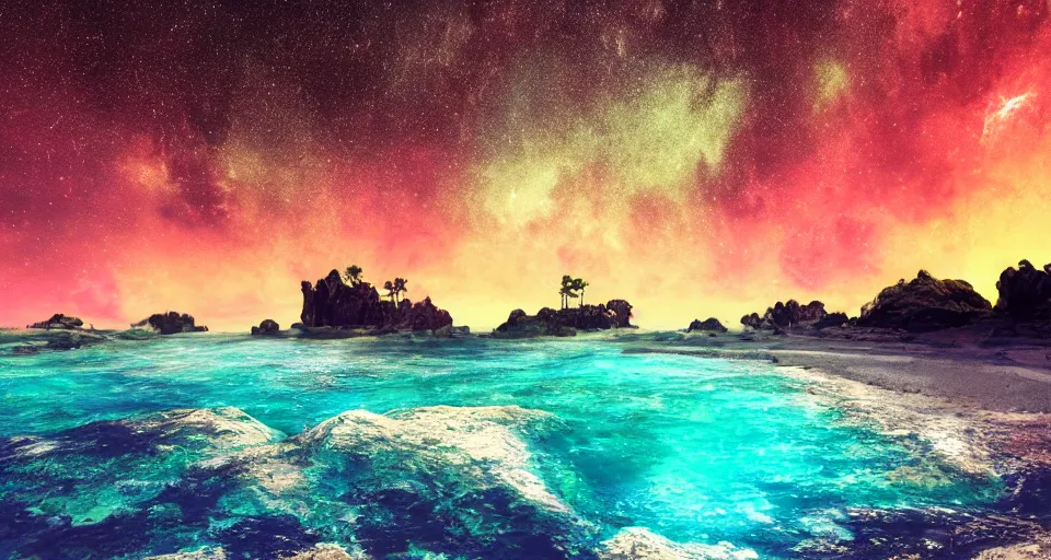 Prompt: landscape photo on lush warm alien beach, night, arching milkyway, sea lit by neon electric psychadelic coral, imposing wave face near shore unbroken ,Jungle, Mountains, lush, cinematic, Lumion rendering, photo realistic, 8k octane render UHD, bright volumetric dynamic lighting, milkyway light, detailed renderings, moonlight
