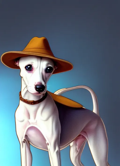 Prompt: cute whippet puppy wearing a trilby hat, natural lighting, path traced, highly detailed, high quality, digital painting, by don bluth and ross tran and studio ghibli and alphonse mucha, artgerm