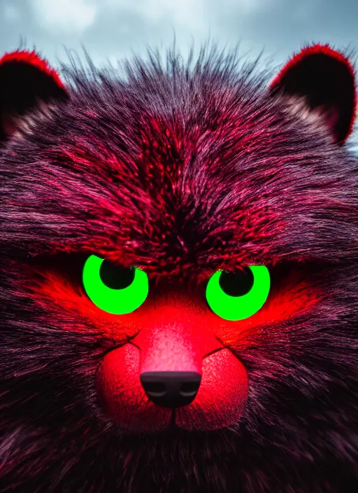 Image similar to hyperrealistic and heavy detailed glowing red eyes dark green furry monster, leica sl 5 0 mm, vivid color, high quality, high textured, real life, full body in shot, far distance, thunder storm