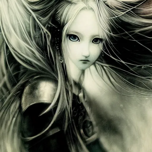 Prompt: yoshitaka amano blurred and dreamy illustration of an anime girl with black eyes, wavy white hair fluttering in the wind wearing elden ring armor and engraving, abstract black and white patterns on the background, noisy film grain effect, highly detailed, renaissance oil painting, weird portrait angle, blurred lost edges, three quarter view