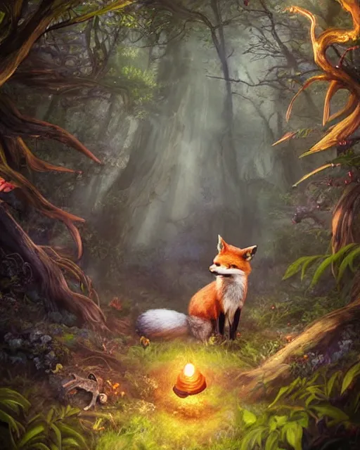 Image similar to Fox playing music in magical forest, portrait, wearing hat, magical notes, fairy atmosphere, magic the gathering artwork, D&D, fantasy, cinematic lighting, centered, symmetrical, highly detailed, digital painting, artstation, concept art, smooth, sharp focus, illustration, volumetric lighting, epic Composition, 8k, art by Akihiko Yoshida and Greg Rutkowski and Craig Mullins, oil painting, cgsociety