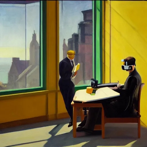 Image similar to A fine art painting of a man wearing Vr goggles and creating the metaverse at a desk through a window on a British street. In the style of Edward Hopper and Wes Anderson