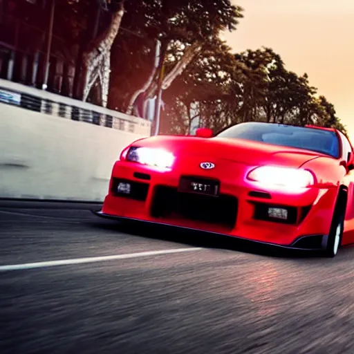 Image similar to still of a toyota supra mk4 on the road in Tokyo, action shot,sunset, CGSociety