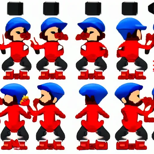 Image similar to Animation walk cycle. sprite character. Male with a red hat and red overalls. 6 frames of animation