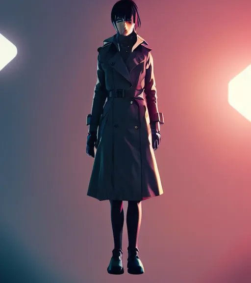 Image similar to realistic render of a cyborg - girl wearing a long trench coat by ross draws, futuristic dystopian city by ilya kuvshinov, digital anime art by ross tran, composition by sana takeda, lighting by greg rutkowski