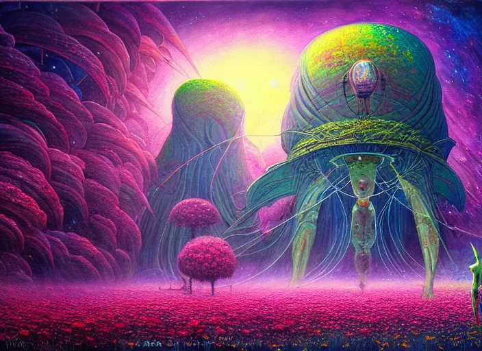 Image similar to a beautiful painting of a large alien shrine shrouded by mystic nebula magic in a field of flowers by moebius and android jones, oil on canvas sharp, details, hyper - detailed, hd, hdr, 4 k, 8 k