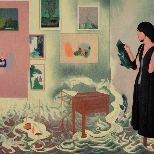 Image similar to tall emo artist in her flooded apartment, painting of flood waters inside an artist's home, a river flooding indoors, pomegranates, pigs, ikebana, zen, water, octopus, river, rapids, waterfall, black swans, canoe, berries, acrylic on canvas, surrealist, by magritte and monet