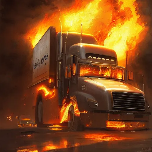 Prompt: rent - a - center truck on fire by greg rutkowski