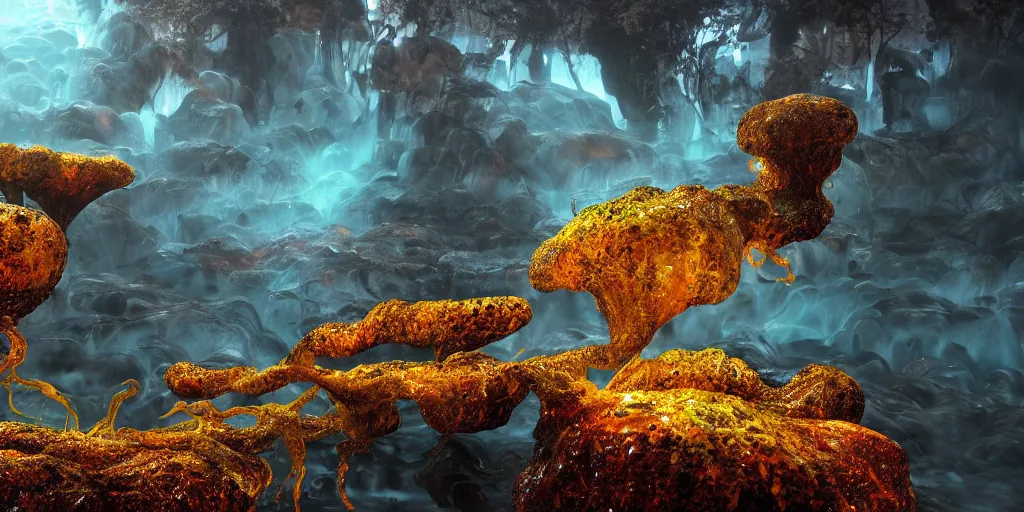 Image similar to Photorealistic picture of a glossy wet levitating floating fungus spirit with arms outstretched, made from colorful wet fungus tendrils. a gentle rising mist, an epic rocky landscape. occult photorealism, UHD, amazing depth, glowing, golden ratio, 3D octane cycle unreal engine 5, volumetric lighting, cinematic lighting, cgstation artstation concept art