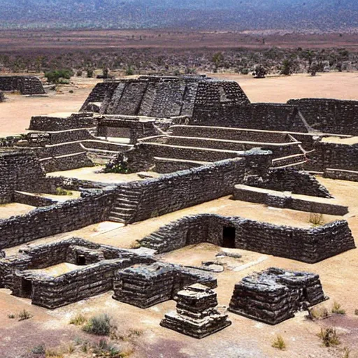Image similar to ruins of a mesoamerican aztec city in a desert, diamond structures and floating ruins