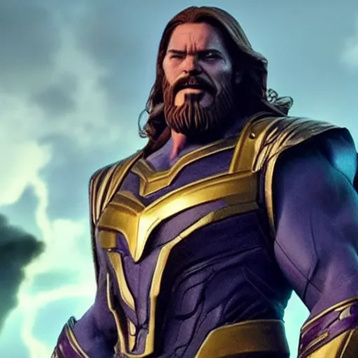 Image similar to Jesus playing Thanos in avengers, cinematic lighting