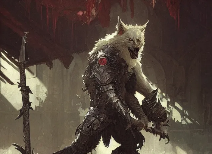 Prompt: A werewolf knight, medieval setting, highly detailed, digital painting, artstation, concept art, sharp focus, illustration, art by greg rutkowski and alphonse mucha