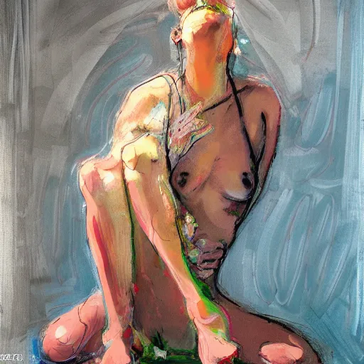 Prompt: portrait of a beautiful stunning girl sitting with her legs crossed full figure full form sensual seductive alluring, in the style of disco elysium, expressionism, artstation, trending, by aleksander rostov, jenny saville, rembrandt, alex kanevsky, wassily kandinsky, dave mckean, yoshitaka amano