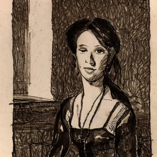 Prompt: ink drawing what portrait of a lady 1 8 years old, with lunch