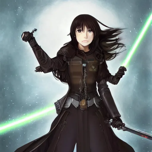 Image similar to a female Kazuto Kirigaya Kirito as young woman with brown long hair and bangs and wearing a long black coat breast-armor showing through, with light-saber, face, fantasy, intricate, elegant, highly detailed drawn by Julie Bell and Fernanda Suarez and Artem Demura, face by Artgerm and Edmund Leighton, Alphonse Mucha, background by James Jean and Gustav Klimt, 4k, porcelain skin, komorebi, french nouveau, trending on pixiv, octane render, hyperrealistic