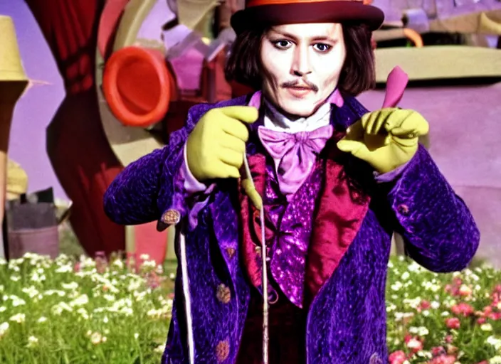 Prompt: film still of Johnny Depp as Willy Wonka in Willy Wonka and the Chocolate Factory 1971