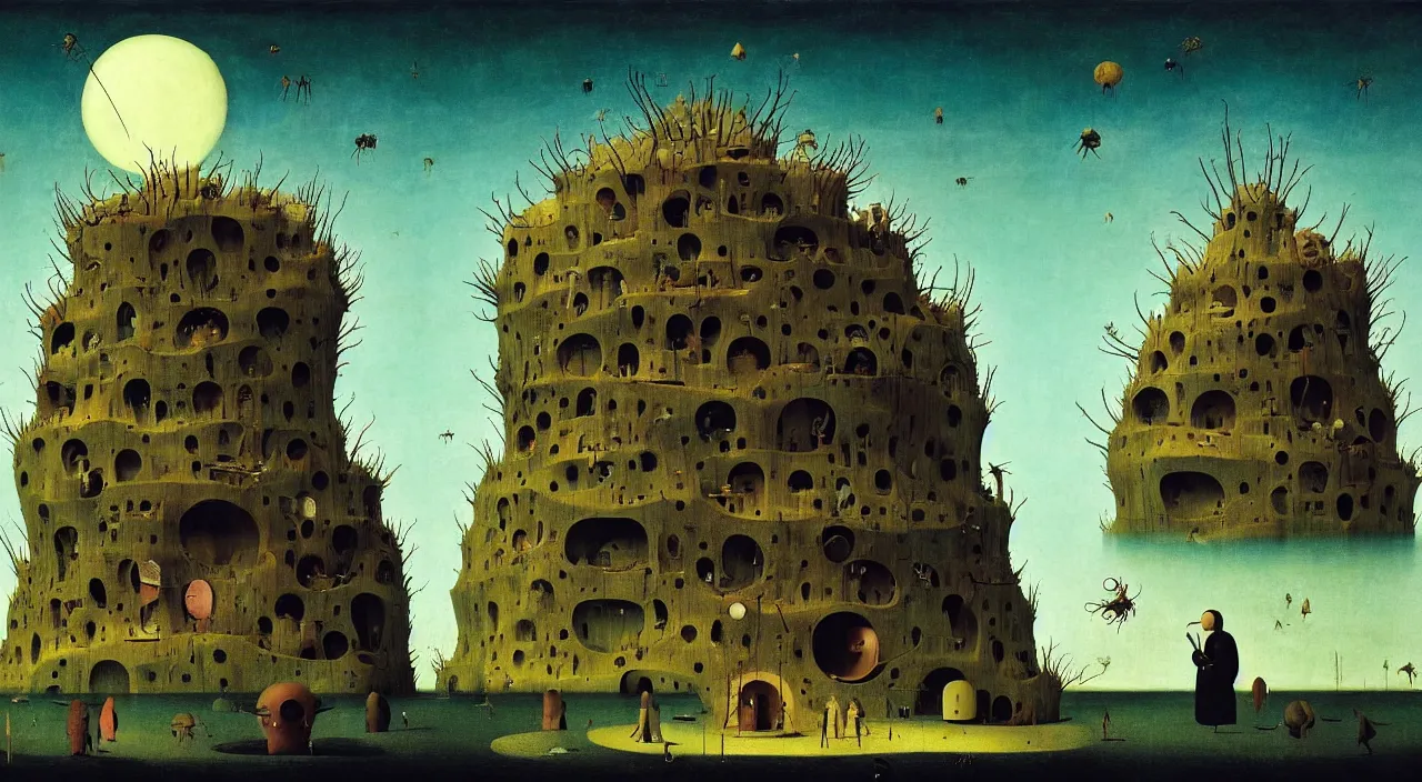 Image similar to single flooded simple!! rock hive tower anatomy, very coherent and colorful high contrast masterpiece by franz sedlacek hieronymus bosch dean ellis simon stalenhag rene magritte gediminas pranckevicius, dark shadows, sunny day, hard lighting