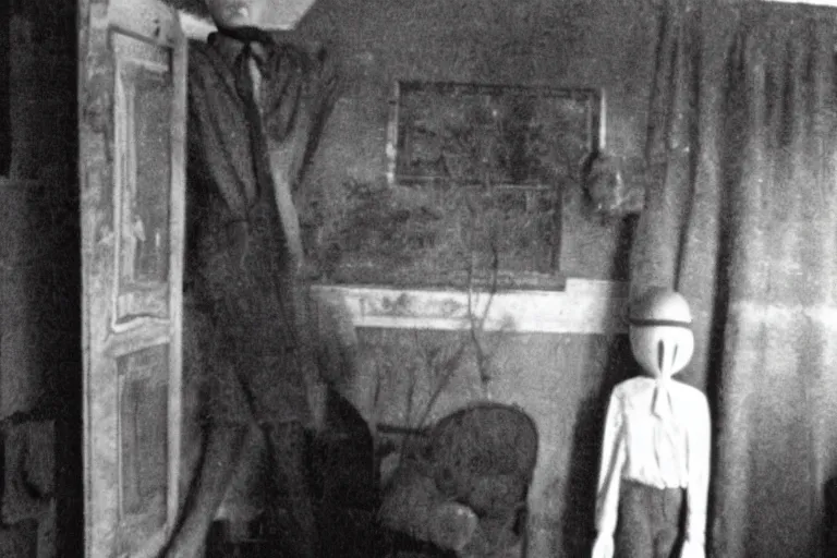 Image similar to an very old photo of slenderman in a house with nothing else