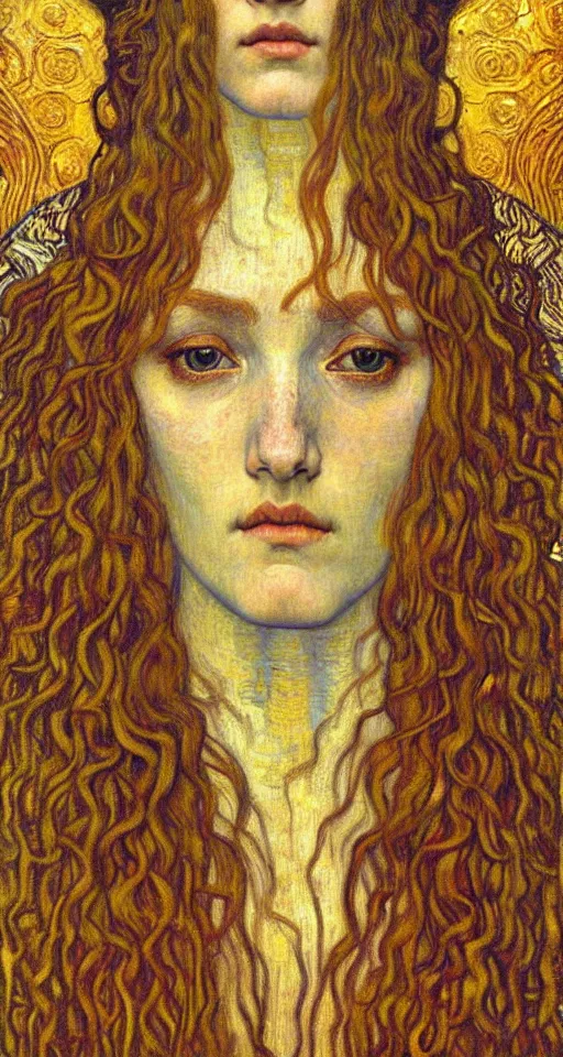 Image similar to detailed realistic beautiful young medieval queen face portrait by jean delville, gustav klimt and vincent van gogh, art nouveau, symbolist, visionary, gothic, pre - raphaelite, muted earthy colors, desaturated