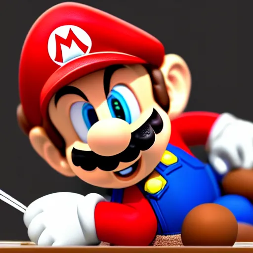 Prompt: photo of super mario sitting at a table eating spaghetti, highly detailed, extremely high quality, hd, 4 k, 8 k, canon 3 0 0 mm, professional photographer, 4 0 mp, lifelike, top - rated, award winning, realistic, detailed lighting, detailed shadows, sharp, no blur, edited, corrected, trending