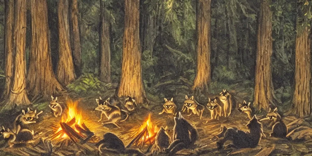 Image similar to A small group of racoons is sitting in the forest next to a campfire. There is a wolf sneaking from the side. Cinematic, very beautiful, painting in the style of Lord of the rings