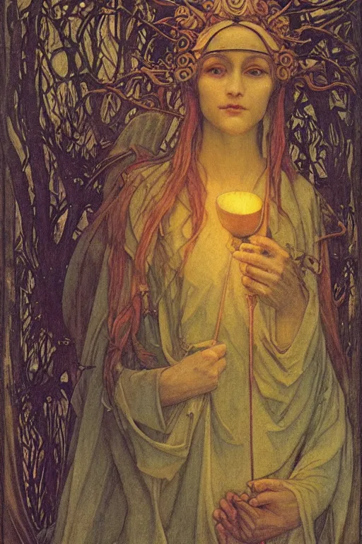 Prompt: queen of the forest with her lantern by Annie Swynnerton and Nicholas Roerich and jean delville, strong dramatic cinematic lighting , ornate headdress , flowing robes, lost civilizations, smooth, sharp focus, extremely detailed